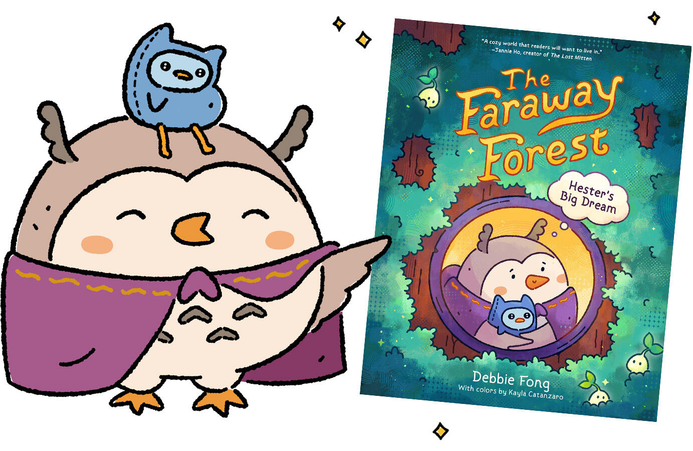 Hester Hester and Pippin standing next to the book cover